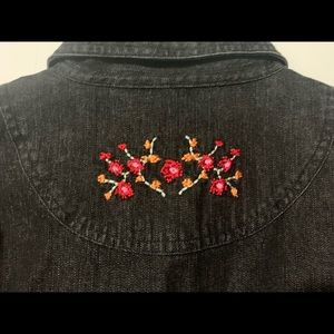 Denim & Co. Front and cuff Button Denim jacket w/ Embroidered accents.